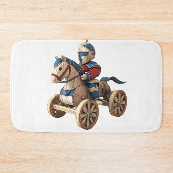 Item preview, wooden toy knight on horseback, with blue and red armor, helmet, and visor designed and sold by wonderisland.
