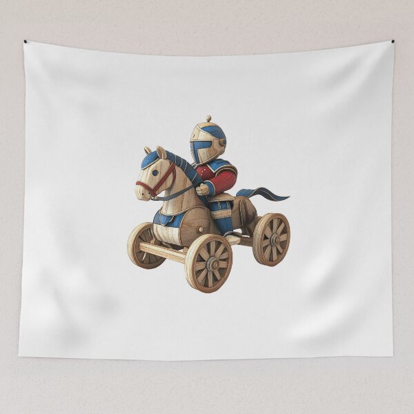 Item preview, wooden toy knight on horseback, with blue and red armor, helmet, and visor designed and sold by wonderisland.