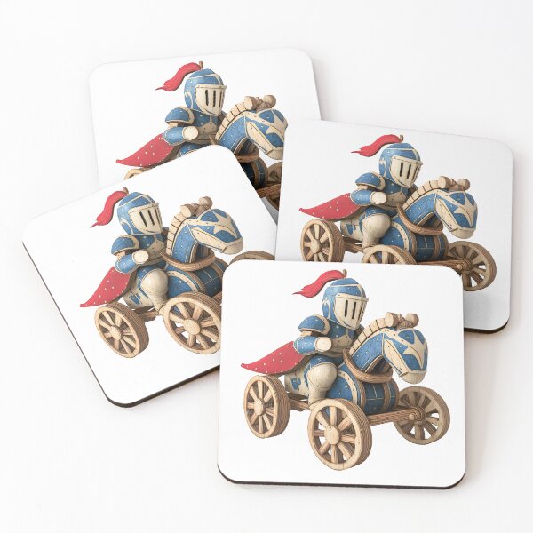 Item preview, wooden toy knight on horseback, with blue and red armor, helmet, and visor. Wooden wheels of the cart designed and sold by wonderisland.