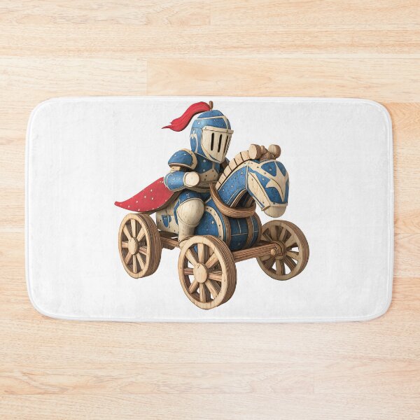 Item preview, wooden toy knight on horseback, with blue and red armor, helmet, and visor. Wooden wheels of the cart designed and sold by wonderisland.