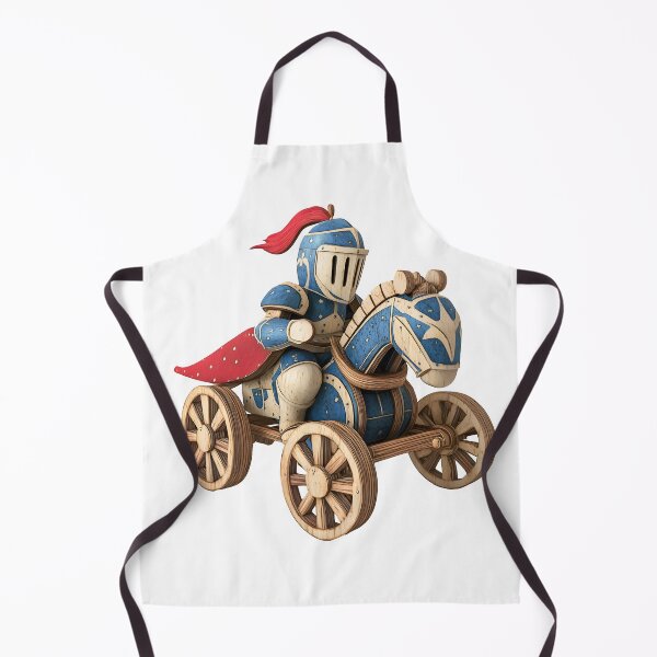 Item preview, wooden toy knight on horseback, with blue and red armor, helmet, and visor. Wooden wheels of the cart designed and sold by wonderisland.