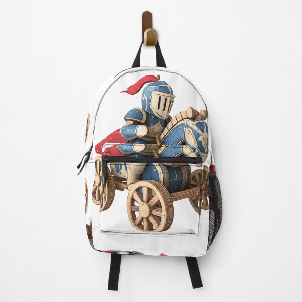 Item preview, wooden toy knight on horseback, with blue and red armor, helmet, and visor. Wooden wheels of the cart designed and sold by wonderisland.