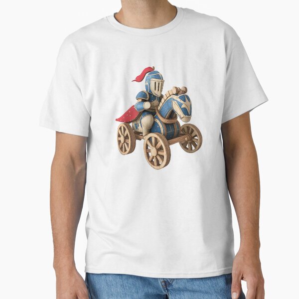 Item preview, wooden toy knight on horseback, with blue and red armor, helmet, and visor. Wooden wheels of the cart designed and sold by wonderisland.