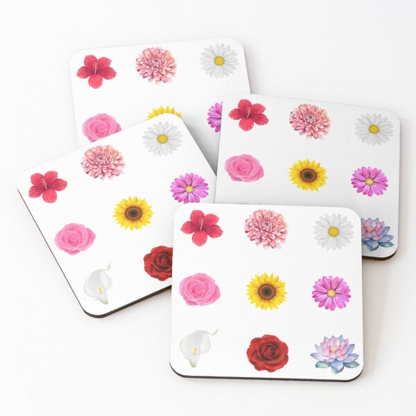 Item preview, A vibrant digital illustration featuring nine colorful flowers: red hibiscus, pink hibiscus, pink dahlia, white daisy, yellow sunflower, pink daisy, red rose, white lily, and pink lotus designed and sold by Arte Zen.