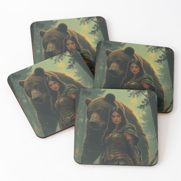 Item preview, Half-Elf Ranger and Her Bear Guardian – Fantasy Artwork designed and sold by DiceWay.