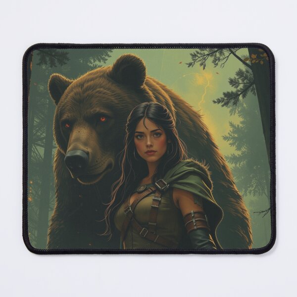Item preview, Half-Elf Ranger and Her Bear Guardian – Fantasy Artwork designed and sold by DiceWay.