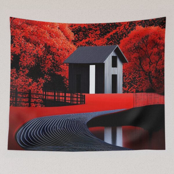 Item preview, Neon River Path to House in Red Forest Nightscape designed and sold by Retrocranio.