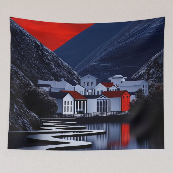 Item preview, Serpentine Path to Village Under Crimson Twilight Sky designed and sold by Retrocranio.