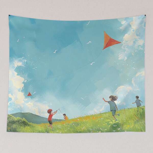 Item preview, Carefree Children Flying Kites in Serene Meadow Under Tranquil Blue Sky. designed and sold by CheerForGoods.