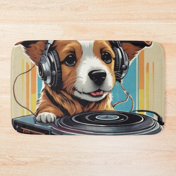 Item preview, Puppy as a Disc jockey wearing headphones, with records on a mixing deck designed and sold by Colin Bentham.