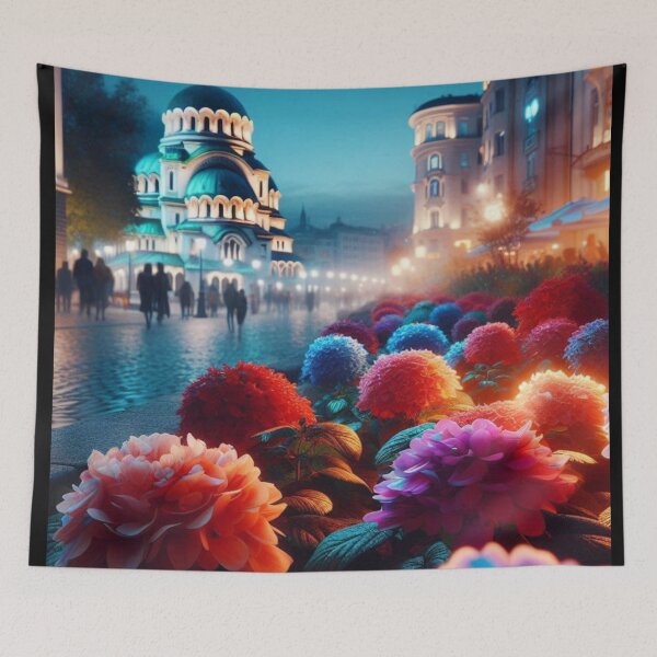 Item preview, Sofia City in 80s Style with Floral Focus – Retro AI Artwork with Evening Light Effect for Urban Lovers designed and sold by knalpot-design.