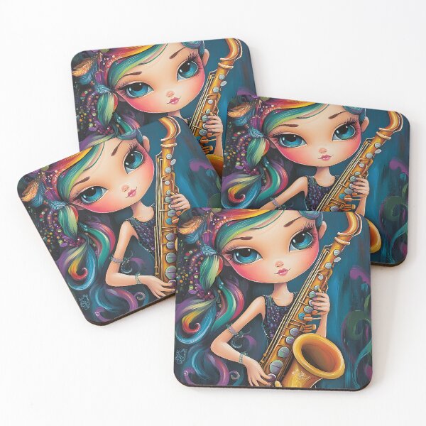 Item preview, Whimsical girl with saxophone in vibrant colors. designed and sold by Artessie.