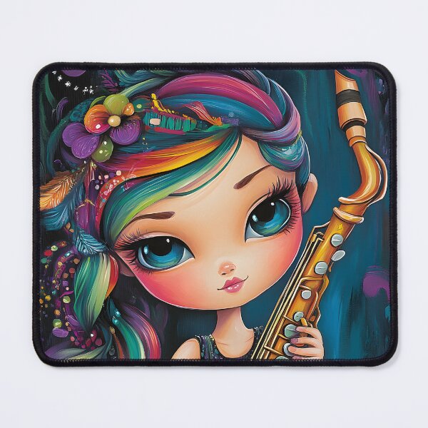 Item preview, Whimsical girl with saxophone in vibrant colors. designed and sold by Artessie.