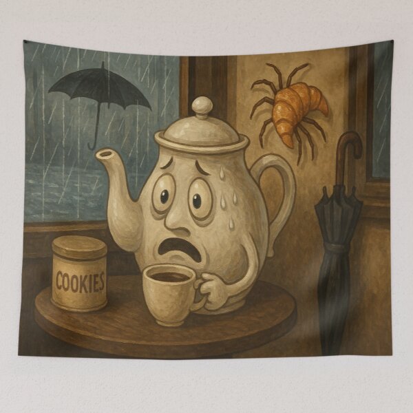 Item preview, Terrified Teapot – A Rainy Café Nightmare - Terrified Teapot and the Croissant Spider Menace designed and sold by FotoworldEdel.