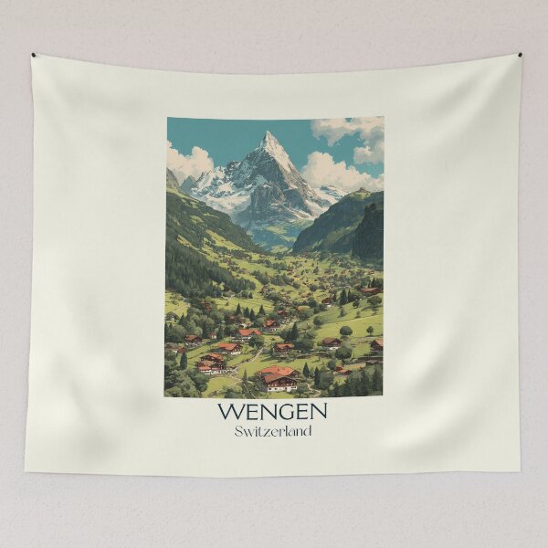 Item preview, Wengen Poster – Alpine Village Beneath Towering Peaks designed and sold by TuncGK.