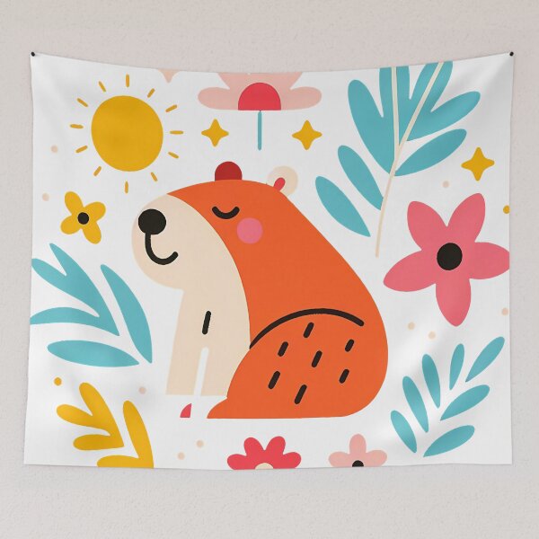 Aperçu de l'œuvre Capybara mignon avec des fleurs et du soleil - Art populaire scandinave par heidiannemorris © créée et vendue par FOLK ART FUSION by heidiannemorris.
