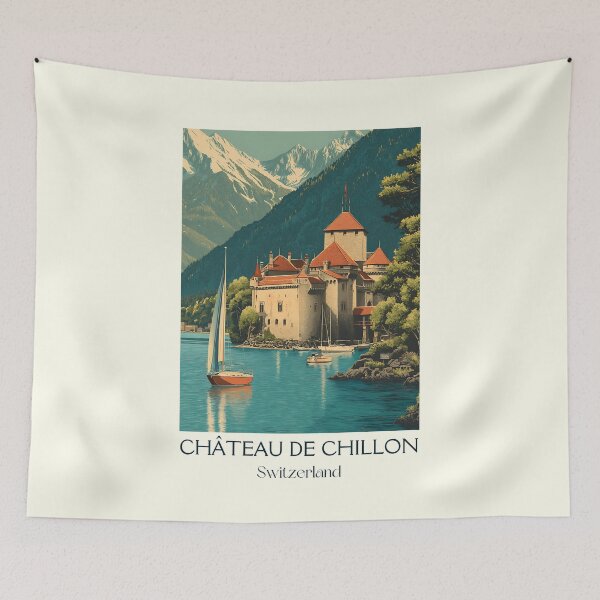 Item preview, Château de Chillon Poster – Lakeside Castle with Mountain Backdrop designed and sold by TuncGK.