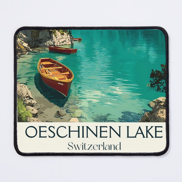 Item preview, Oeschinen Lake Poster – Wooden Boats on Turquoise Tranquility designed and sold by TuncGK.