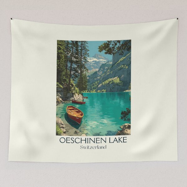 Item preview, Oeschinen Lake Poster – Wooden Boats on Turquoise Tranquility designed and sold by TuncGK.