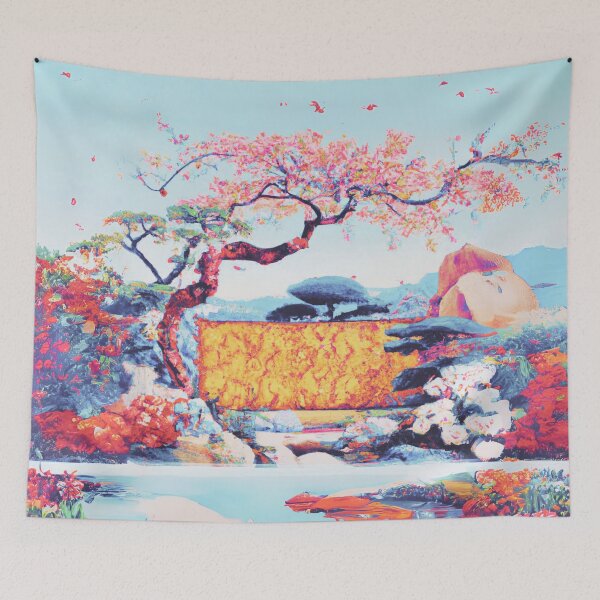 Item preview, A japanese garden with various blossom flowers under bright blue sky designed and sold by MerryCrown.