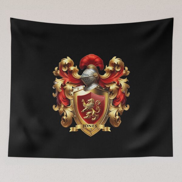 Artikelvorschau, Jones Familienwappenschild Rot & Gold mit fettgedrucktem Namensbanner entworfen und verkauft von Highlandkings.