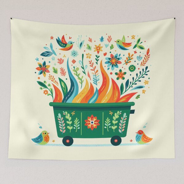 Item preview, Scandinavian Folk Art Cheerful Green Dumpster Fire with Folk Birds by heidiannemorris © designed and sold by FOLK ART FUSION by heidiannemorris.