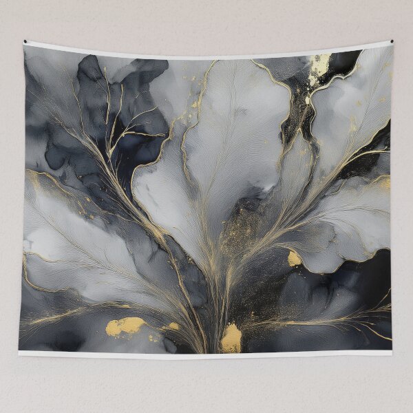 Item preview, Black and gold VINTAGE leaf botanicals watercolor painting, alcohol ink effects, gold highlights, leaf pattern watercolour painting  designed and sold by navitalidesign.