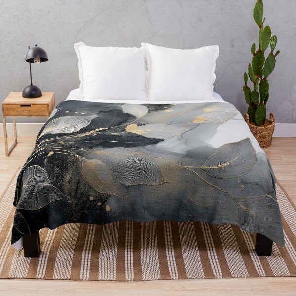Item preview, Black and gold VINTAGE leaf botanicals watercolor painting 2, alcohol ink effects, gold highlights, leaf pattern watercolour painting designed and sold by navitalidesign.
