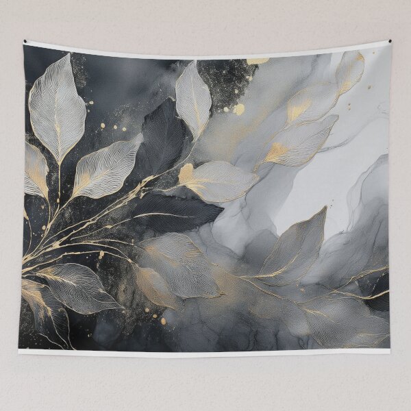 Item preview, Black and gold VINTAGE leaf botanicals watercolor painting 2, alcohol ink effects, gold highlights, leaf pattern watercolour painting  designed and sold by navitalidesign.