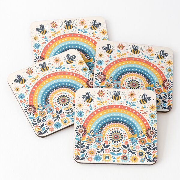 Item preview, Scandinavian Folk Art Rainbow with Bees and Flowers by heidiannemorris © designed and sold by FOLK ART FUSION by heidiannemorris.