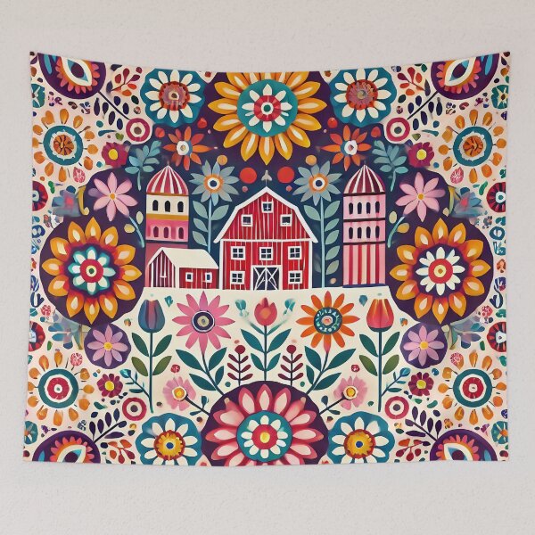 Item preview, Scandinavian Folk Art Charming Farm Scene with Red Barn by heidiannemorris © designed and sold by FOLK ART FUSION by heidiannemorris.