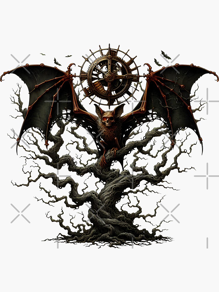 Thumbnail 3 von 3, Sticker, Steampunk Bat on Tree – Brown & Black Gothic Fantasy Design designt und verkauft von Kobeko.