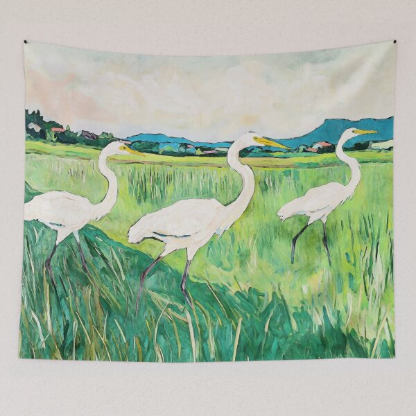 Item preview, White Egrets in a Rice Field Watercolor Illustration designed and sold by Janine Aykens.
