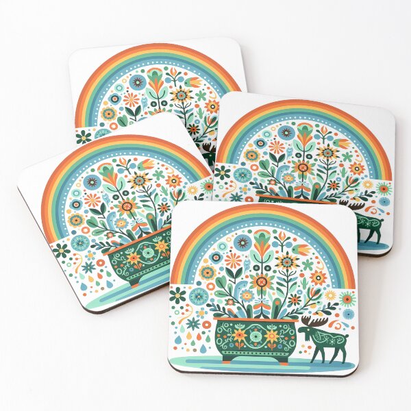 Item preview, Scandinavian Folk Art Cute Moose and Bath Tub with Folk Flowers by heidiannemorris © designed and sold by FOLK ART FUSION by heidiannemorris.