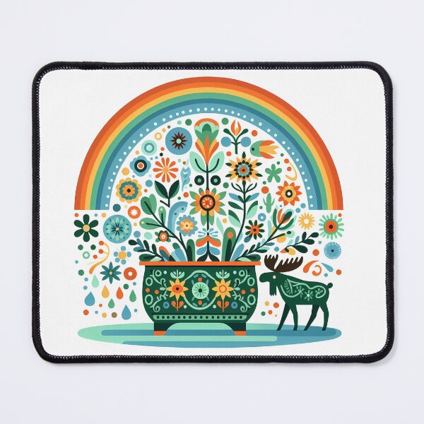 Item preview, Scandinavian Folk Art Cute Moose and Bath Tub with Folk Flowers by heidiannemorris © designed and sold by FOLK ART FUSION by heidiannemorris.