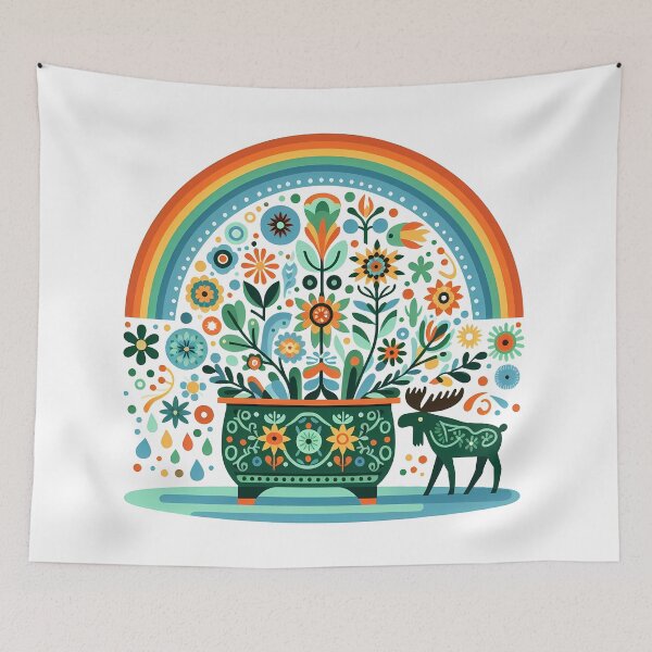 Item preview, Scandinavian Folk Art Cute Moose and Bath Tub with Folk Flowers by heidiannemorris © designed and sold by FOLK ART FUSION by heidiannemorris.