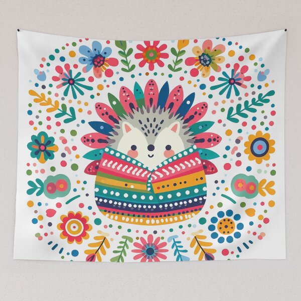 Item preview, Scandinavian Folk Art Cute Hedgehog in Colourful Folk Blanket by heidiannemorris © designed and sold by FOLK ART FUSION by heidiannemorris.