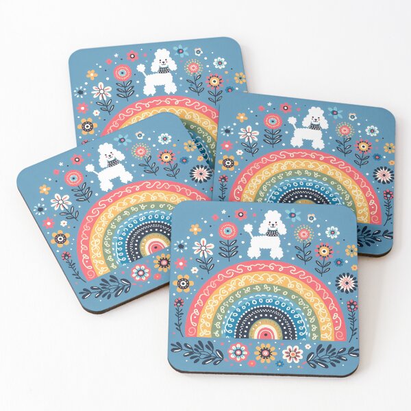 Artikelvorschau, Skandinavische Volkskunst Niedlicher weißer Pudel auf Regenbogen mit Volksblumen von heidiannemorris © entworfen und verkauft von FOLK ART FUSION by heidiannemorris.