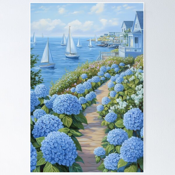 Item preview, Coastal Blue and White Hydrangea Flowers on Ocean Beach with Sailboats and Lighthouse  designed and sold by Nova~Prints.