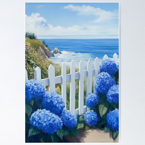 Aperçu de l'œuvre Fleurs d'hortensia bleu côtier à l'aquarelle sur une plage de l'océan créée et vendue par Nova~Prints.