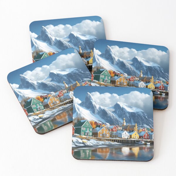 Item preview, Vibrant winter village beneath majestic snowy mountains designed and sold by Artessie.