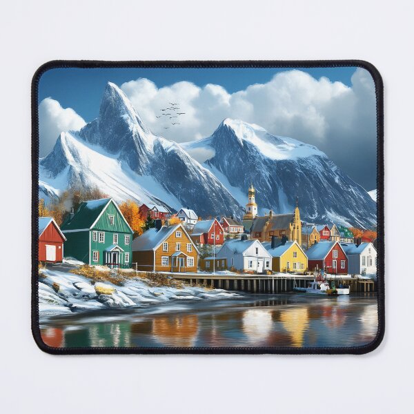 Item preview, Vibrant winter village beneath majestic snowy mountains designed and sold by Artessie.