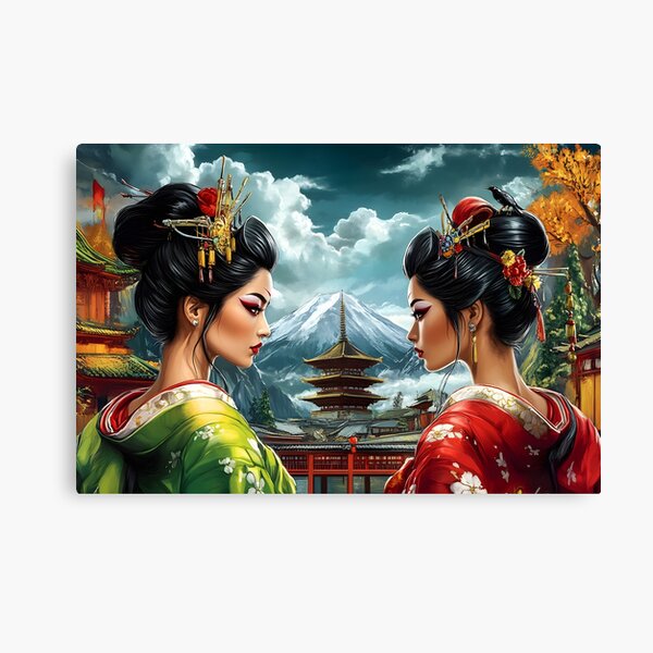 Item preview, Two Geishas Standing with Majestic Mount Fuji Behind designed and sold by Artessie.