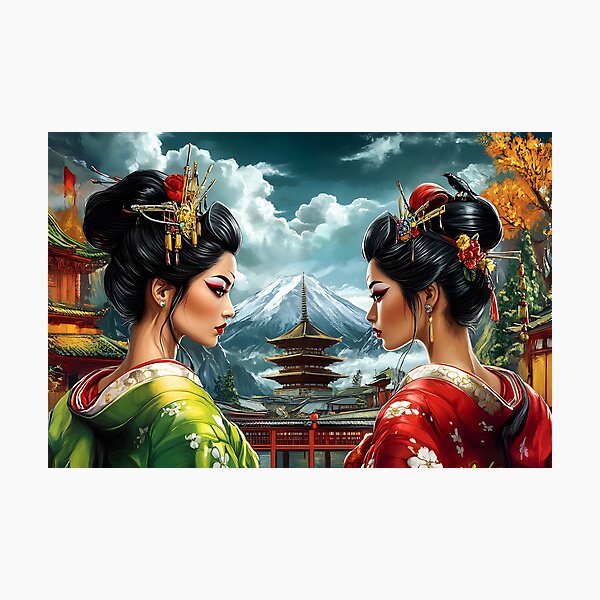 Item preview, Two Geishas Standing with Majestic Mount Fuji Behind designed and sold by Artessie.