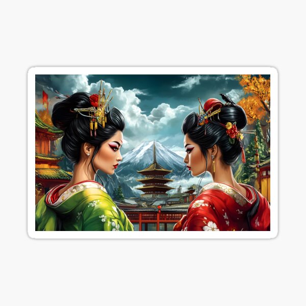 Item preview, Two Geishas Standing with Majestic Mount Fuji Behind designed and sold by Artessie.