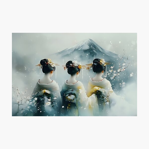 Item preview, Three women with traditional attire facing Mount Fuji designed and sold by Artessie.