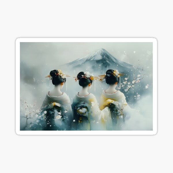 Item preview, Three women with traditional attire facing Mount Fuji designed and sold by Artessie.