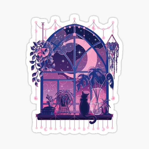 Item preview, Lo Fi Cozy Cat and Plant Moonlit Window Scene designed and sold by StudioFloraLuna.