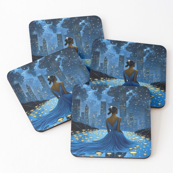 Item preview, Woman in blue gown gazing at starry city skyline, night designed and sold by Artessie.