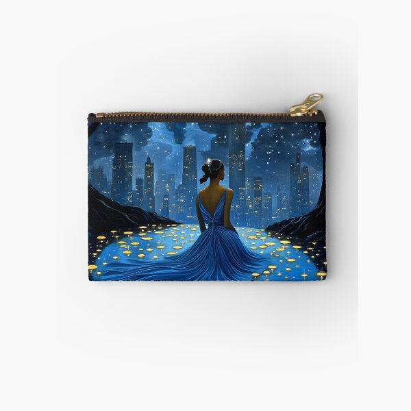 Item preview, Woman in blue gown gazing at starry city skyline, night designed and sold by Artessie.